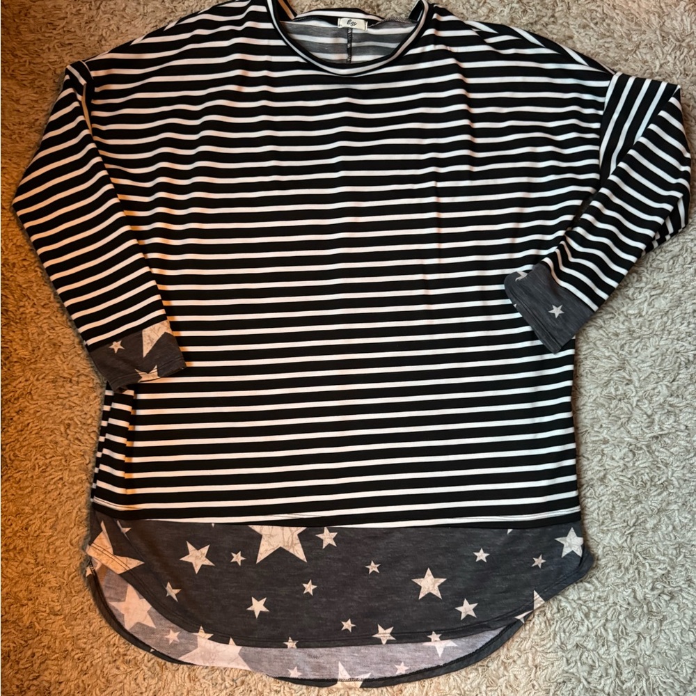 Women's Black and White Striped Sweatshirt with Star Accents